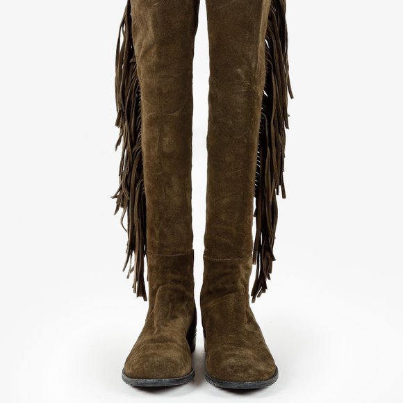 Stuart Weitzman 5050 Mane Fringe Olive Suede Leather OTK Boots - Picture 2 of 11